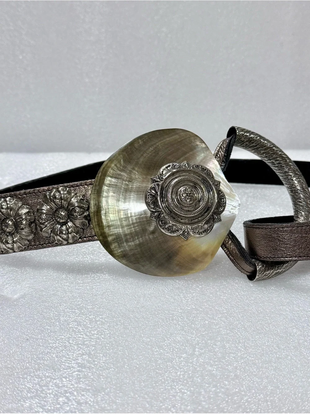 Vintage Artisan  Belt with Genuine Shell Buckle & Silver Metal Floral Conchos
